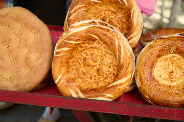 Delicious traditional Uzbek bread lepyoshka.