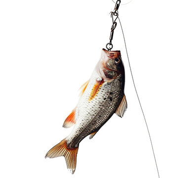 Fish Caught On A Fishing Hook - Isolated On A White Background 