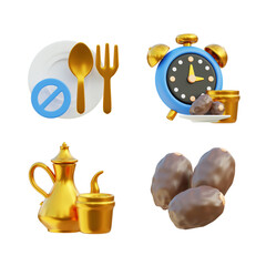 3D Ramadan icons isolated white background, 3D rendering, muslim icons, kurma, iftar, spoon, fork, teapot, glass