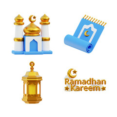 3D Ramadan icon isolated white background, 3D rendering, muslim icon, mosque, sajadah, ramadan kareem , lantern