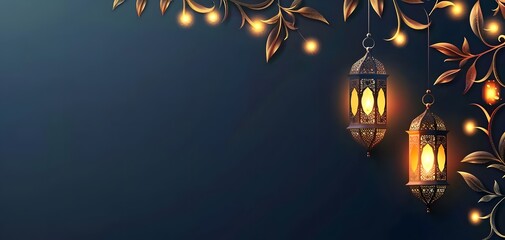 Arabic lanterns for Ramadan decoration, isolated on Navy background. illuminate, copy space concept, mockup.	