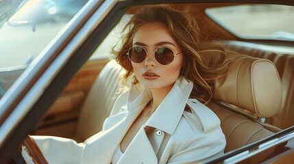 Stylish female model wearing a white trench coat and sunglasses sits in a brown luxury car