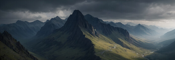 Panorama rocky mountain landscape digital illustration - obrazy, fototapety, plakaty