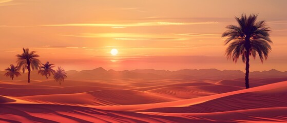 Landscape Vast desert with palm or dates trees. copy space. for Ramadan banner. presentation.