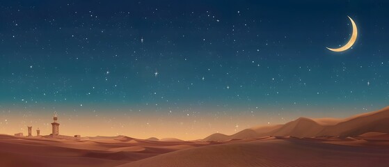 Obraz na płótnie Canvas Beautiful Dusk Vast desert with crescent. copy space. for Ramadan banner. presentation.