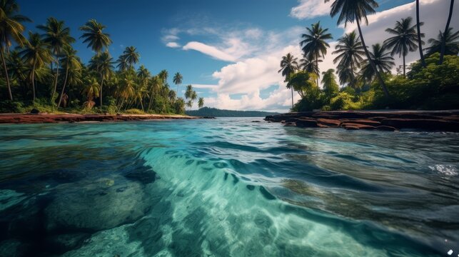 Beautiful tropical beach with exotic palm trees and calm serene lagoon, idyllic island paradise
