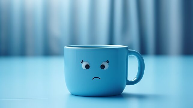 "Blue Cup with Sad Facial Expression on Blue Background - Expressive Stock Image Design"