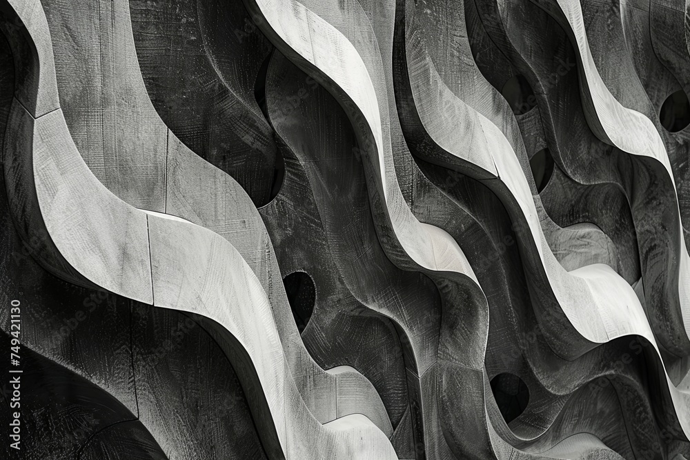 Poster dynamic, undulating patterns of a buildings unique exterior design, characterized by repeating wavy 