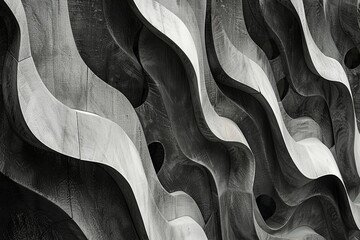 Dynamic, undulating patterns of a buildings unique exterior design, characterized by repeating wavy lines and shadows that create a mesmerizing rhythm. Generative AI
