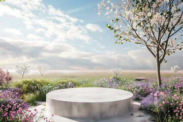 Fototapeta na wymiar Natural beauty podium backdrop with spring flower field. 3d rendering. Generative Ai