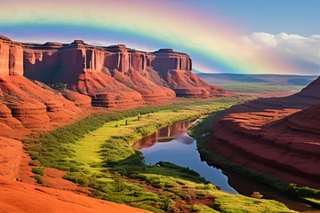 Deurstickers A landscape of red rocks canyon, green valley, river and rainbow sky, a vivid view scenery image © GhulamAsghar
