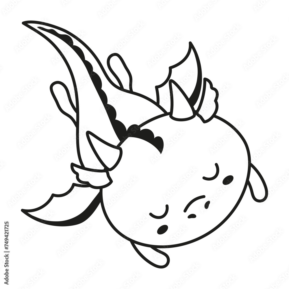 Poster black and white dragon character flying, cartoon flat vector illustration, print for kids