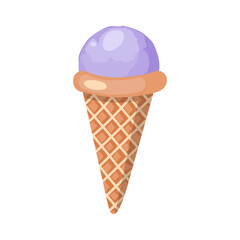 Lavender ice cream. Three balls of creamy sweet dessert in a waffle cone. Purple sorbet. Vector illustration on white background.