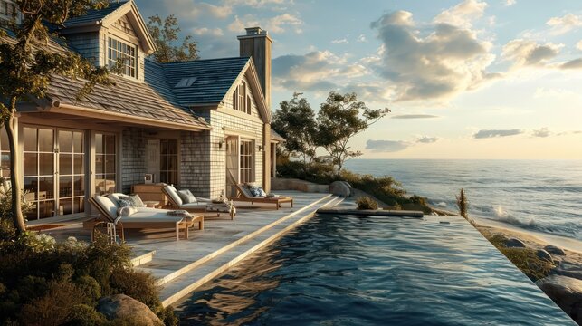 the coastal charm of a Hamptons-style beach house with shingle siding, overlooking the ocean