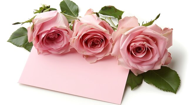 Pink blank greeting card with rose flowers isolated on a white background. Valentines Day. Love. International Women's Day. Generative Ai