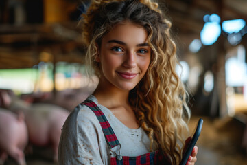 Smiling young female farmer with curly hair using a smartphone in the piggery.