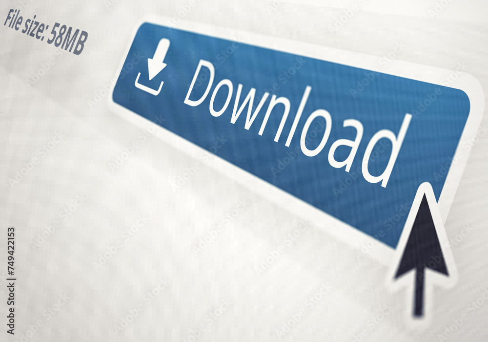 Poster internet, download and cursor icon to click option for file sharing on screen with white background.
