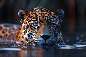 Jaguar swims in the water