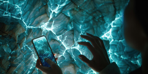 Caucasian man holding smartphone in front of blue screen displaying digital technology concept