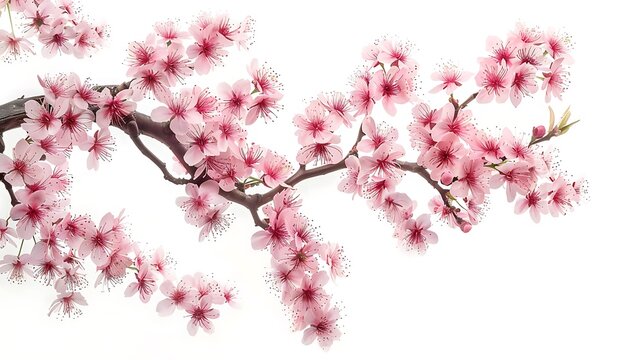 Pink cherry blossom on white background, isolated Sakura tree branch. Generative Ai