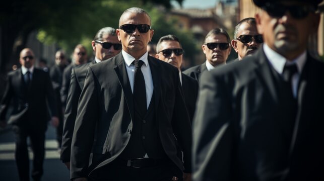 Funeral of a mafia boss. Sad faces. Mourning. People dressed in black