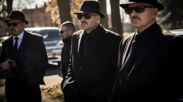 Funeral of a mafia boss. Sad faces. Mourning. People dressed in black