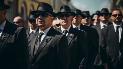 Funeral of a mafia boss. Sad faces. Mourning. People dressed in black - obrazy, fototapety, plakaty