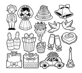 Wedding couple with element outline sketch vector illustration set