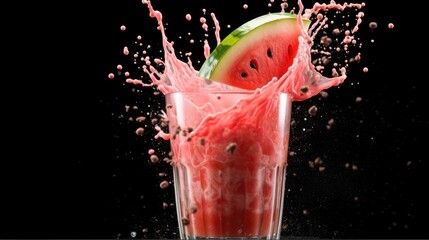 Vibrant watermelon juice splash in a glass, captured mid-action with seeds scattering on a black background