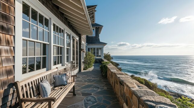 the coastal charm of a Hamptons-style beach house with shingle siding, overlooking the ocean
