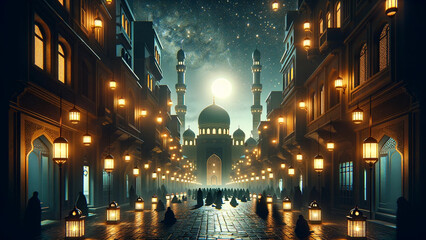 Enchanted Ramadan Nights: A Majestic Mosque under the Crescent Moon - obrazy, fototapety, plakaty