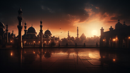 Obraz premium mosque at sunset, ramadan and eid background