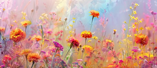 The painting depicts a field ablaze with colorful marigold flowers in full bloom, creating a striking contrast against the greenery. The vibrant petals dance in the gentle breeze, adding a lively