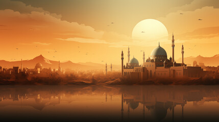 Fototapeta premium mosque at sunset, ramadan and eid background