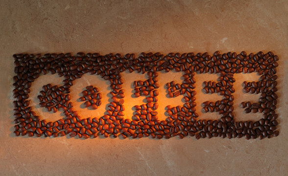 Word COFFEE made from coffee beans on stone decorative background under warm sunlight