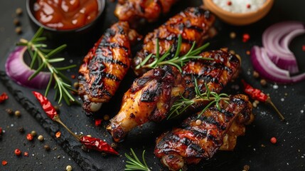 Grilled chicken wings on the flaming grill with Grilled vegetables in barbecue sauce with pepper seeds rosemary, salt.