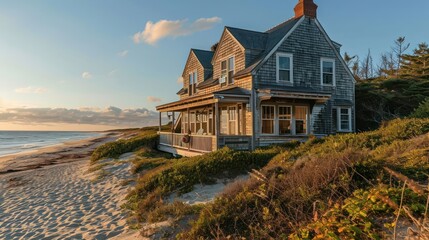 the coastal charm of a Nantucket-style beach house with weathered shingles, overlooking a sandy shoreline