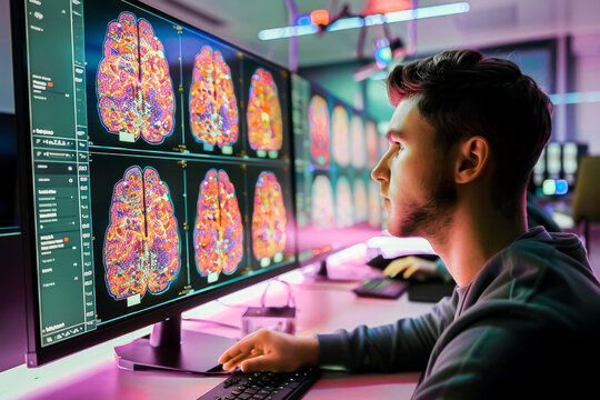 A medical professional analyzing brain scan images on multiple computer screens in a high-tech research facility.