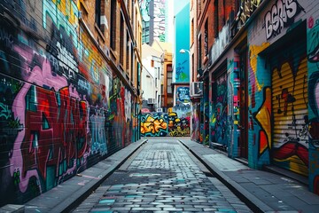 A narrow alleyway covered in graffiti, with colorful and intricate designs covering the walls from top to bottom. Generative AI