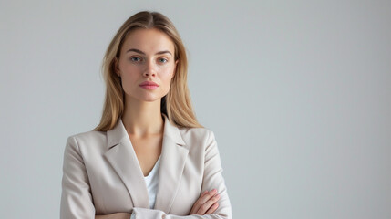 Sophisticated businesswoman standing tall, her posture exuding authority, as she looks directly into the camera with a serene expression against a plain white background
