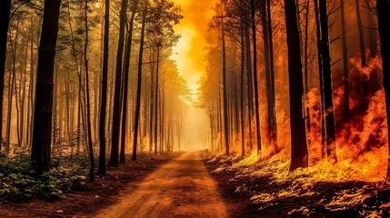 Foto op Canvas Countryside forest engulfed in smoke from a fire under a cloudy evening sky © Алла Морозова