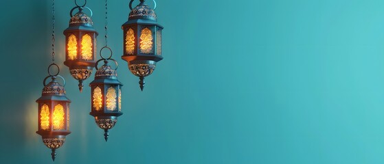Fototapeta na wymiar Arabic lantern for Ramadan on left side, isolated on turquoise background. illuminate, copy space concept, mockup.