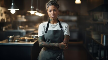 A female restaurant chef with dreadlocks and tattoos stands in the kitchen. The new generation of culinary