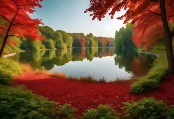 Rolgordijnen autumn landscape with lake and trees © Aqsa