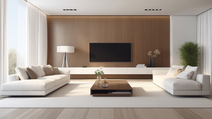Sleek Minimalist Living Room Design with White Sectional Sofa and Wooden Accents