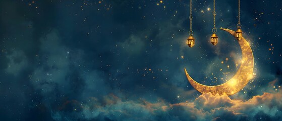 Obraz na płótnie Canvas Illuminate Element gold crescent moon with lanterns on cloudscape, isolated on Navy background. copy space. mockup. for Ramadan greeting card. 