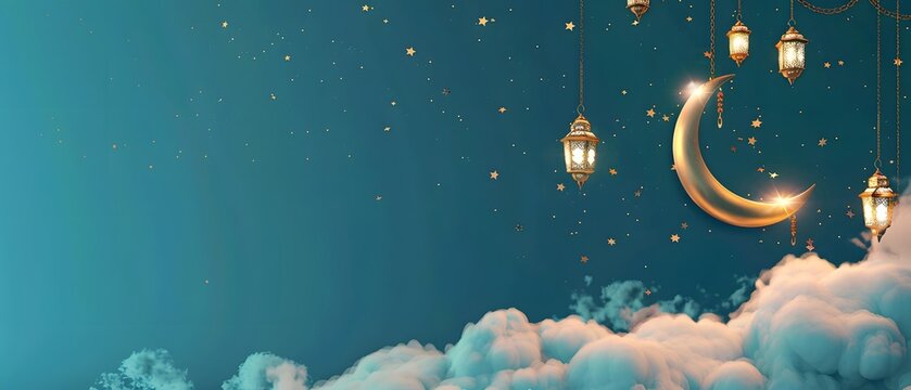 Illuminate Element gold crescent moon with lanterns on cloud, isolated on starry Emerald green background. right side. copy space. mockup. for Ramadan greeting card. 