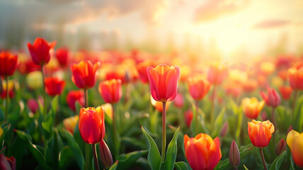 A stunning display of tulips under the warm sunset glow, creating an enchanting atmosphere in the flower field