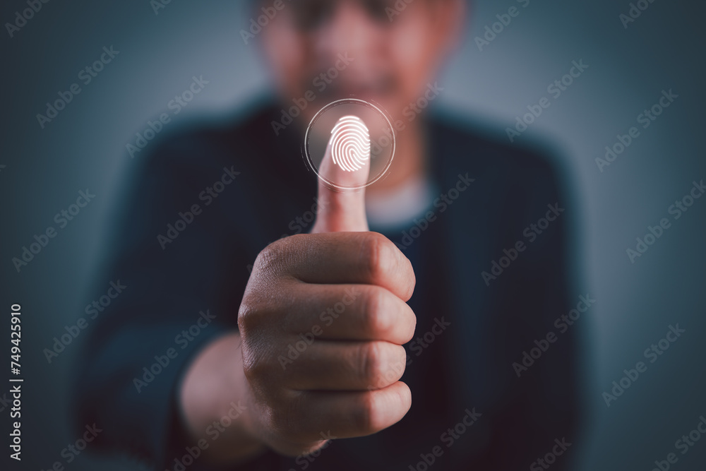 Aufkleber Thumbs up with virtual fingerprint to scan biometric identity and access password thru fingerprints for technology security system and prevent hacker concept.