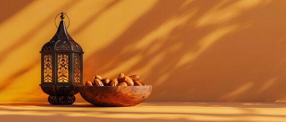 Arabic lantern and a bowl of ripe Dates for Ramadan iftar, isolated on yellow background. left side. copy space, mockup.